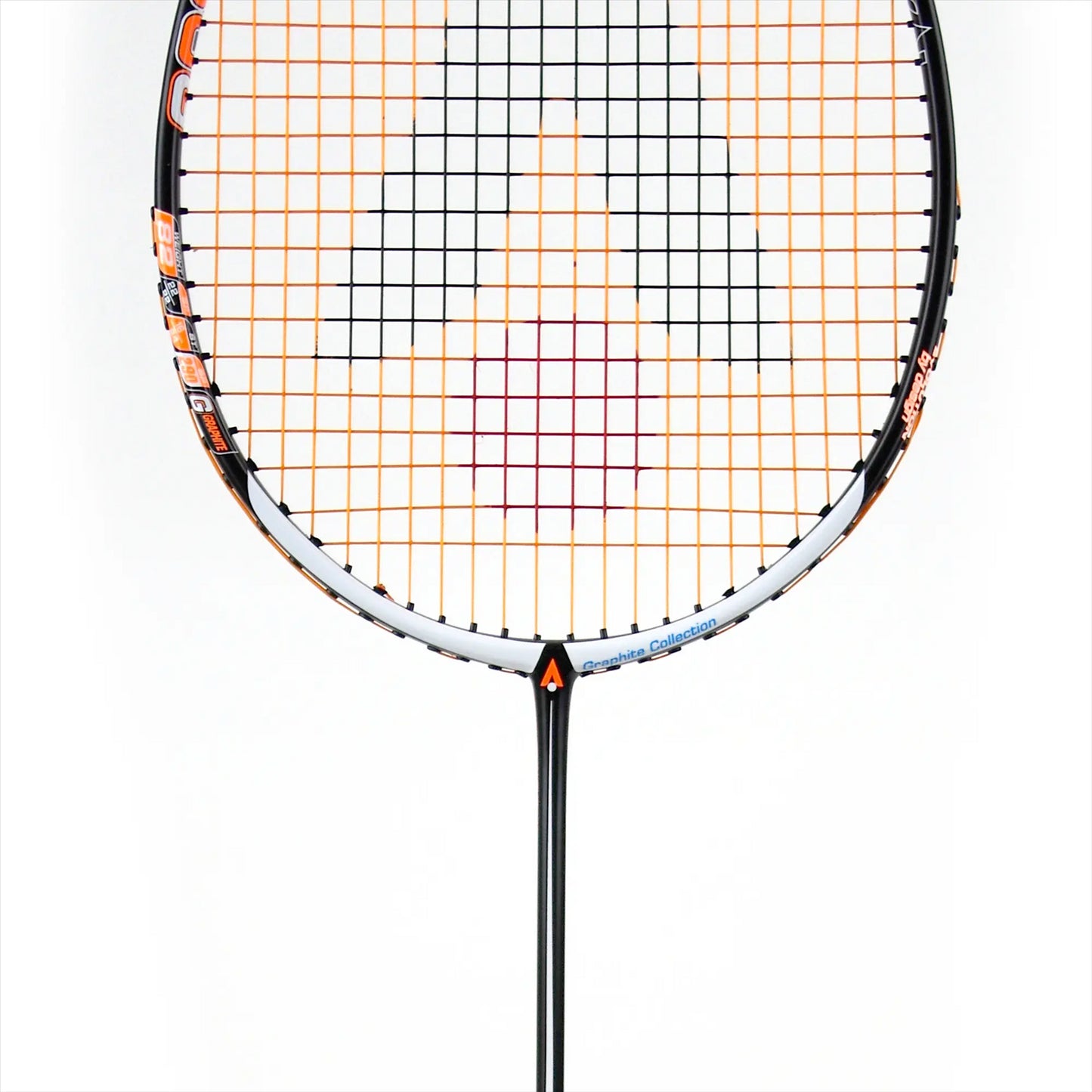 The Karakal BZ 30 2.1 badminton racket from Karakal features an isometric head with a striking black frame complemented by an orange and white string pattern, showcasing a design logo at its center against a pristine white background.