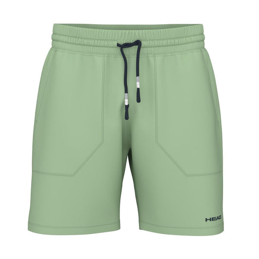 The HEAD Performance Mens Play Badminton Shorts in Celery Green are showcased with a black drawstring and 4-way stretch fabric. They include two front pockets and visible stitching details, featuring the Moisture Transfer Microfibre technology for optimal performance. The brand name "HEAD" is printed in black on the lower right side.