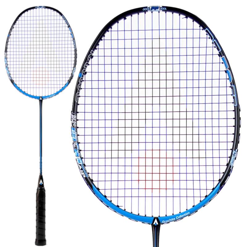 This Karakal BZ 50 2.1 badminton racket by Karakal features a stylish black and blue design with tightly strung strings and accents of white and red. It boasts an isometric square head, complemented by a handle wrapped in black grip tape. The image displays the racket from two perspectives: a full view and a close-up.