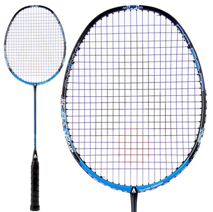 This Karakal BZ 50 2.1 badminton racket by Karakal features a stylish black and blue design with tightly strung strings and accents of white and red. It boasts an isometric square head, complemented by a handle wrapped in black grip tape. The image displays the racket from two perspectives: a full view and a close-up.