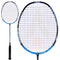 This Karakal BZ 50 2.1 badminton racket by Karakal features a stylish black and blue design with tightly strung strings and accents of white and red. It boasts an isometric square head, complemented by a handle wrapped in black grip tape. The image displays the racket from two perspectives: a full view and a close-up.