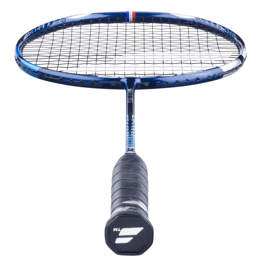 Close-up view of the sleek and modern Babolat Satelite Origin Badminton Racket - Blue standing vertically with the handle at the bottom. The tightly woven strings and black grip ensure precision, while its design promises ease of handling. A logo adorns the cap, highlighting its quality.