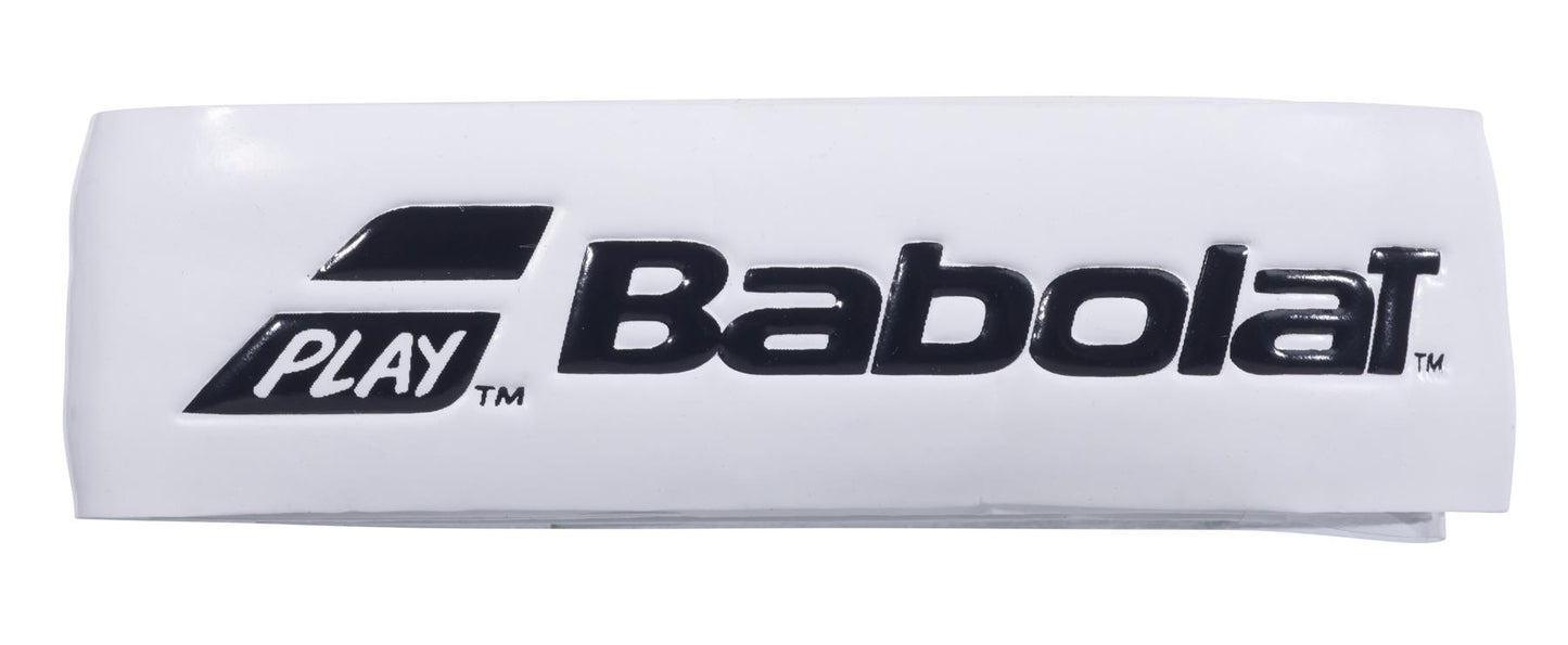 The white Babolat XCEL Gel X1 Replacement Badminton Grip, adorned with the black "Babolat Play" logo, provides exceptional comfort, making it an ideal replacement for players seeking the reliable feel of Babolat.