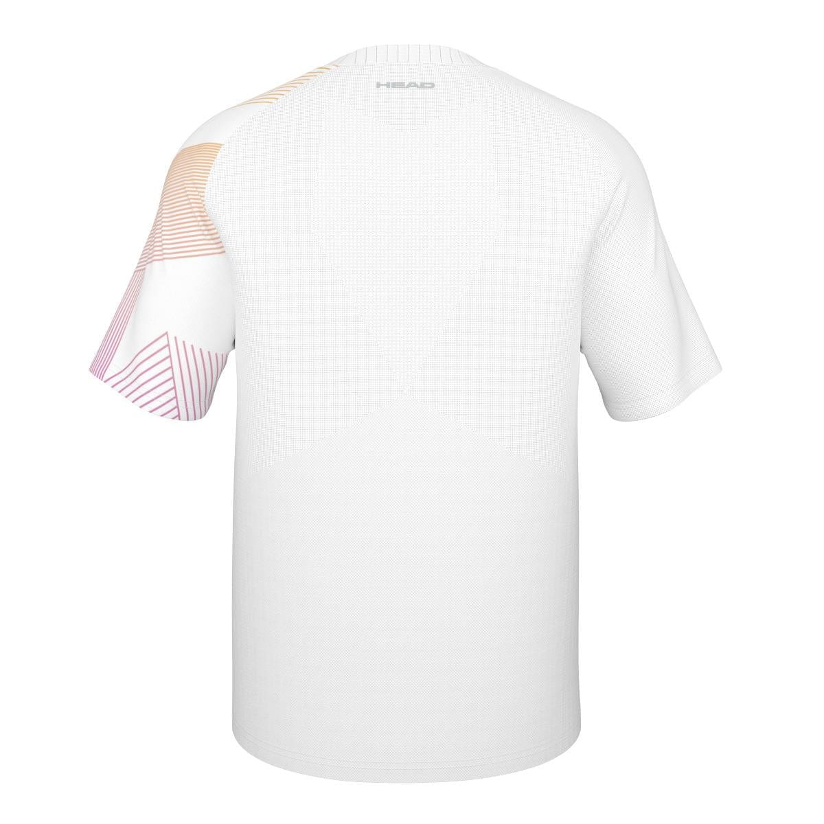 The image features a HEAD Performance Mens Melbourne T-Shirt - BN, displaying a white short-sleeve design with geometric patterns in pink and yellow on the right shoulder and sleeve. The brand name "HEAD" is printed at the back of the neck area, highlighting advanced body mapping technology for comfort.