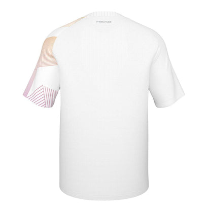 The image features a HEAD Performance Mens Melbourne T-Shirt - BN, displaying a white short-sleeve design with geometric patterns in pink and yellow on the right shoulder and sleeve. The brand name "HEAD" is printed at the back of the neck area, highlighting advanced body mapping technology for comfort.