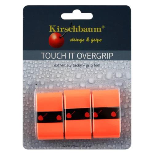 The Kirschbaum Touch It Badminton Overgrip 3 Pack in Orange features sleek packaging displaying three orange overgrips adorned with black bands and a red cherry logo. A close-up of water droplets highlights the tacky grip feel and exceptional absorption, underscoring the durability of these grips from Kirschbaum.