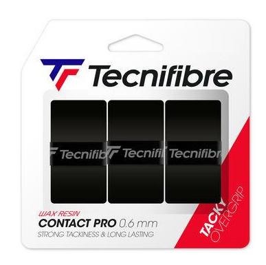 A package of the Tecnifibre Contact Pro Badminton Overgrip in black, designed to offer a tacky effect for superior grip.