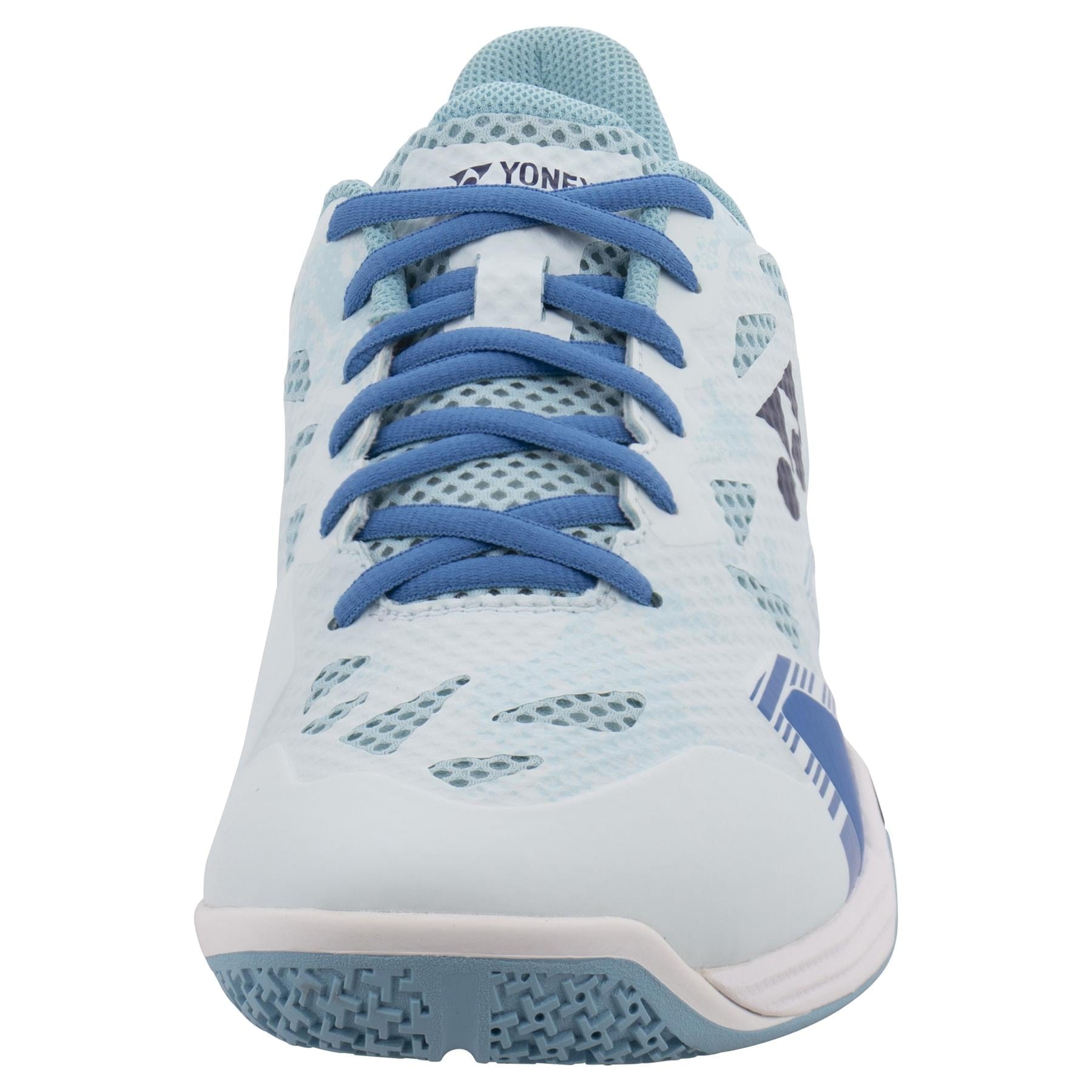 Front view of the Yonex Power Cushion Eclipsion Z3 Wide Men's Badminton Shoes in light blue, featuring blue accents and a white sole for enhanced comfort with Yonex's Power Cushion technology. The shoe includes a mesh upper for breathability, providing stability while the Yonex logo decorates the tongue.