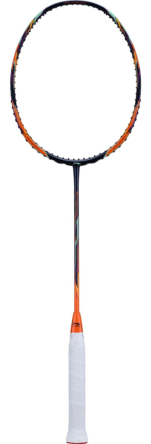 The Li-Ning TecTonic 6 Combat Badminton Racket, featuring a striking black and orange frame complemented by a white grip, delivers a head-heavy balance ideal for powerful shots. Set against a pristine white background, this racket is crafted for players aiming for enhanced performance.