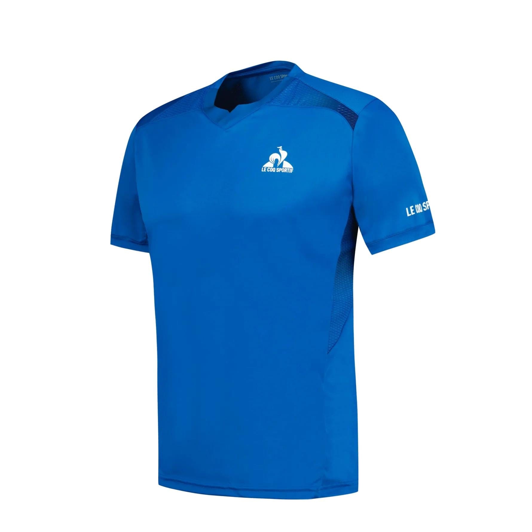 The Le Coq Sportif Pro Men's Badminton T-Shirt in Lapis Blue is made from breathable polyester and features short sleeves. It sports a small logo with a stylized rooster on both the chest and sleeve, designed to enhance movement and add a sporty flair to your game.