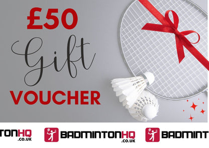 The Badminton HQ Gift Cards give you the option to select an amount between £50 and £500. The design highlights a £50 gift voucher, featuring a badminton racket with a red bow and two shuttlecocks. The text "£50 Gift Voucher" appears prominently, while the Badminton HQ logo is elegantly displayed on the bottom against a light gray background, showcasing its sophistication as a digital item.