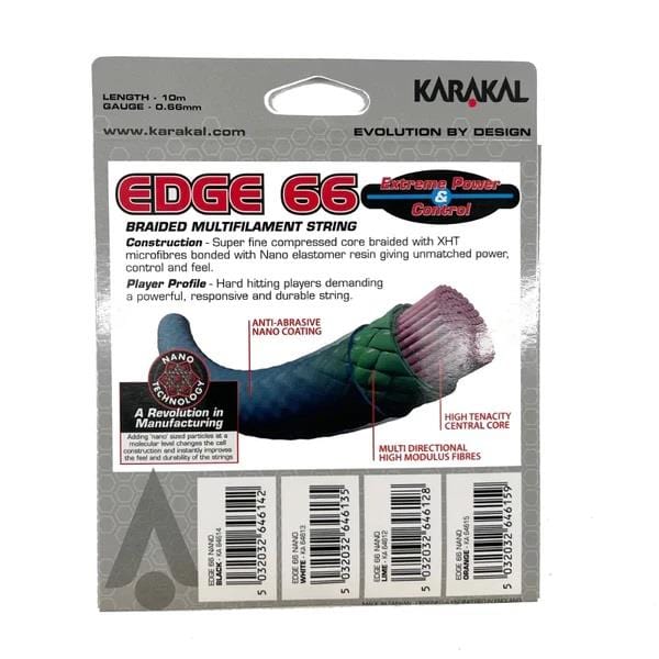 Packaging of the Karakal Edge 66 Badminton String in black, highlighting its "Extreme Power Control," advanced nano technology with an "Anti-Abrasive Nano Coating," and a "High Tenacity Central Core." Features barcodes and website details.