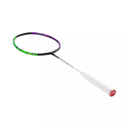 The Li-Ning Halbertec 9000 badminton racket boasts a sleek design with a Green Crystal and Dragons Violet frame, complemented by a white handle, beautifully displayed against a simple white backdrop.