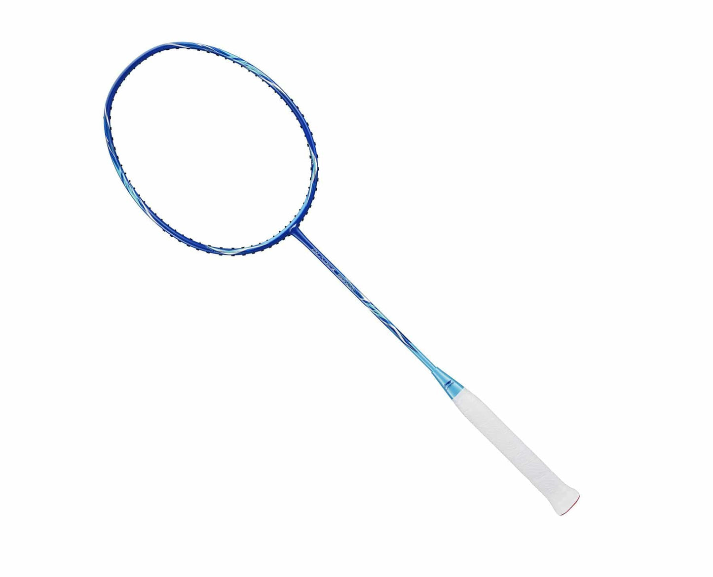 Introducing the Li-Ning BladeX Sonar 4U Badminton Racket in Mykonos Blue, featuring a sleek blue and white design crafted with high-modulus carbon fibre. This racket boasts a slim frame and comfortable white grip handle, optimized with Swing Weight Technology for enhanced performance on the court, all set against a clean white background.