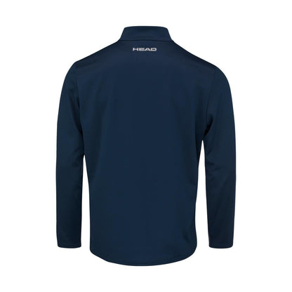 The HEAD Club Men's Easy Court Tracksuit in dark blue is displayed from the back, merging style with functionality for training. The long-sleeve jacket boasts a sporty and simple design, complete with a collar that features "HEAD" printed in white on the upper back, making it ideal for the modern athlete.