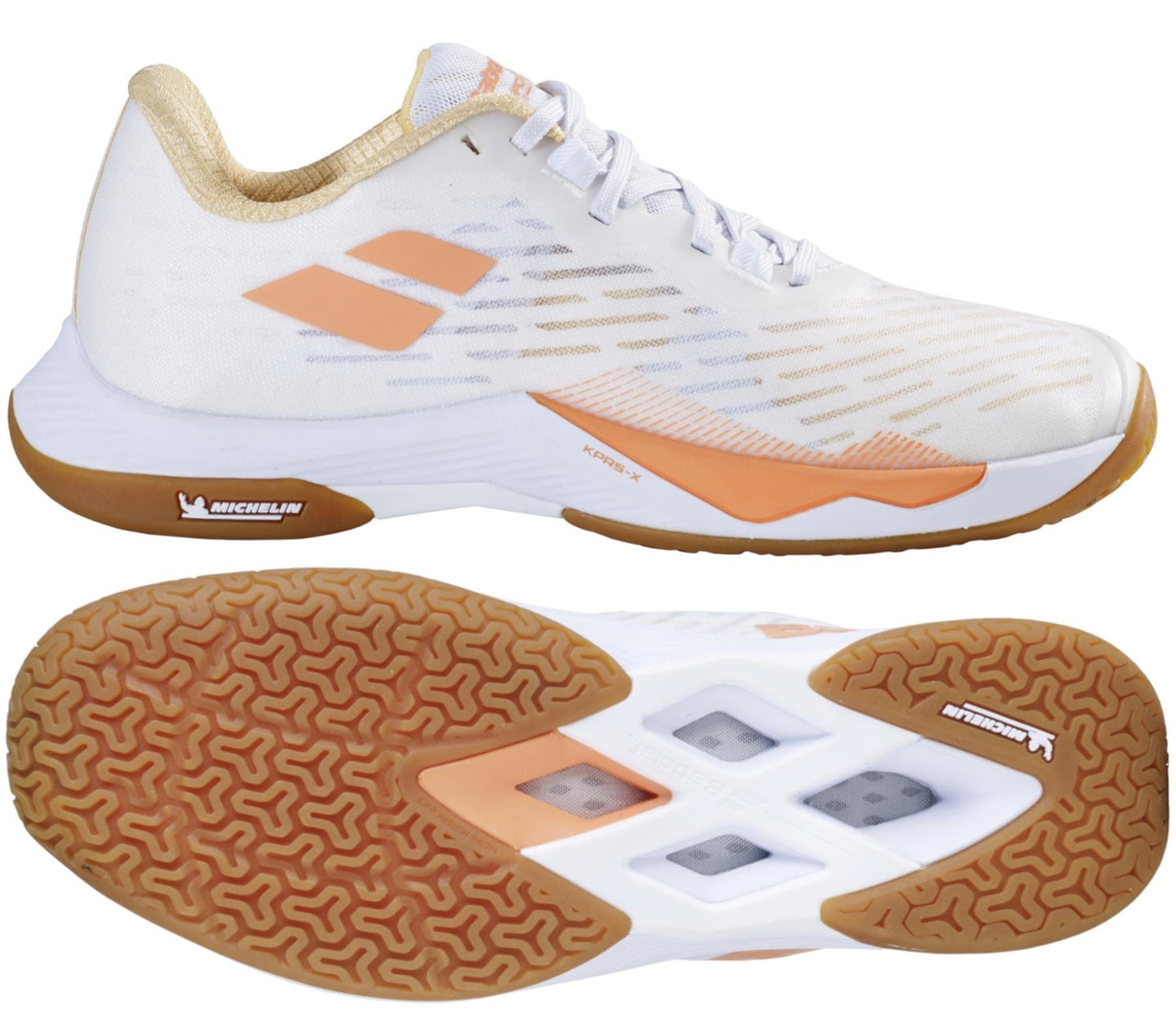 Introducing the Babolat Shadow Tour 5 Women's Badminton Shoes in White and Yellow: These athletic shoes feature a lightweight upper with perforations for enhanced breathability and a sleek design adorned with the Babolat logo on the side. They come equipped with a textured gum sole that prominently displays "Michelin," ensuring excellent grip patterns for optimal traction and support.