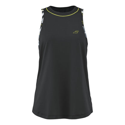 The Babolat Aero Womens Badminton Tank Top - Black is a sleeveless athletic top designed by Babolat. It features a small logo on the front and patterned white and black trim along the shoulders and neckline. Made from breathable synthetic materials with FIBERDRY technology, it is ideal for both sports activities and casual wear.