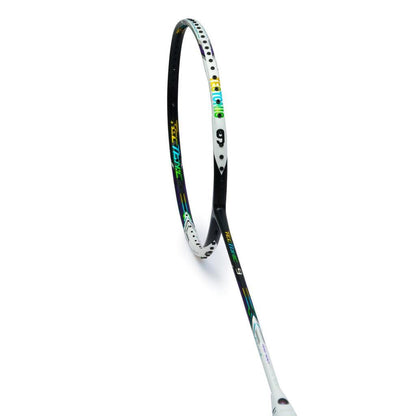 A close-up view of the Li-Ning Tectonic 9 3U Badminton Racket, showcasing its sleek black and silver frame with colorful accents. Crafted from T1100G carbon fibre by Li-Ning, it offers enhanced durability. The strings are not visible, allowing the focus to be on the curved head and shaft set against a plain white backdrop.