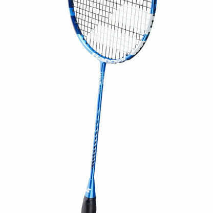 The Babolat Satelite Spire Badminton Racket - Blue by Babolat, featuring Shot Optimizer technology, boasts a blue shaft embellished with white details and strings, paired with a black grip. It is tastefully presented against a simple white background.