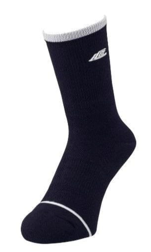 The Yonex 19229YX Lee Chong Wei LCW Badminton Socks in navy blue feature a white stripe at the top and a logo near the cuff. Designed for an ergonomic fit, these mid-calf socks are displayed on a plain background, highlighting their sleek silhouette.