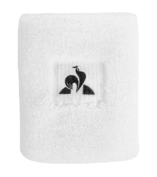 The Le Coq Sportif Sweatband in Optical White showcases a black logo at its center, illustrating a stylized swan with wings forming a circle. This sweatband from Le Coq Sportif effectively absorbs sweat and adds an elegant flair to any athletic outfit.