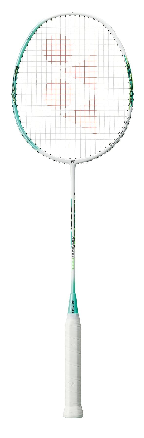 The Yonex Astrox 01 Feel 4U Badminton Racket in White and Mint showcases a sleek design with a pristine white and mint frame. It features a head-heavy balance and Hi-Flex shaft to boost power, while the slightly textured grip on its white handle complements its modern aesthetic.