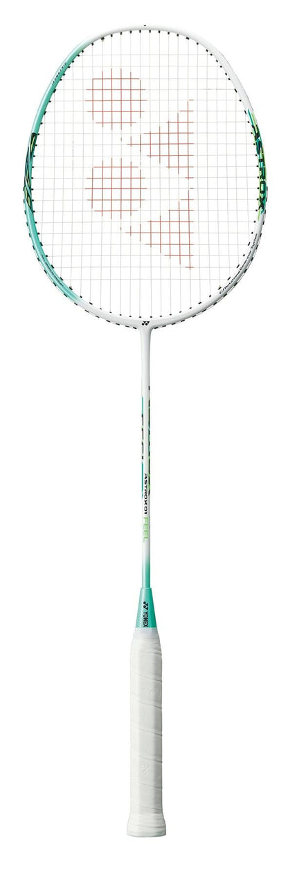 The Yonex Astrox 01 Feel 4U Badminton Racket in White and Mint showcases a sleek design with a pristine white and mint frame. It features a head-heavy balance and Hi-Flex shaft to boost power, while the slightly textured grip on its white handle complements its modern aesthetic.