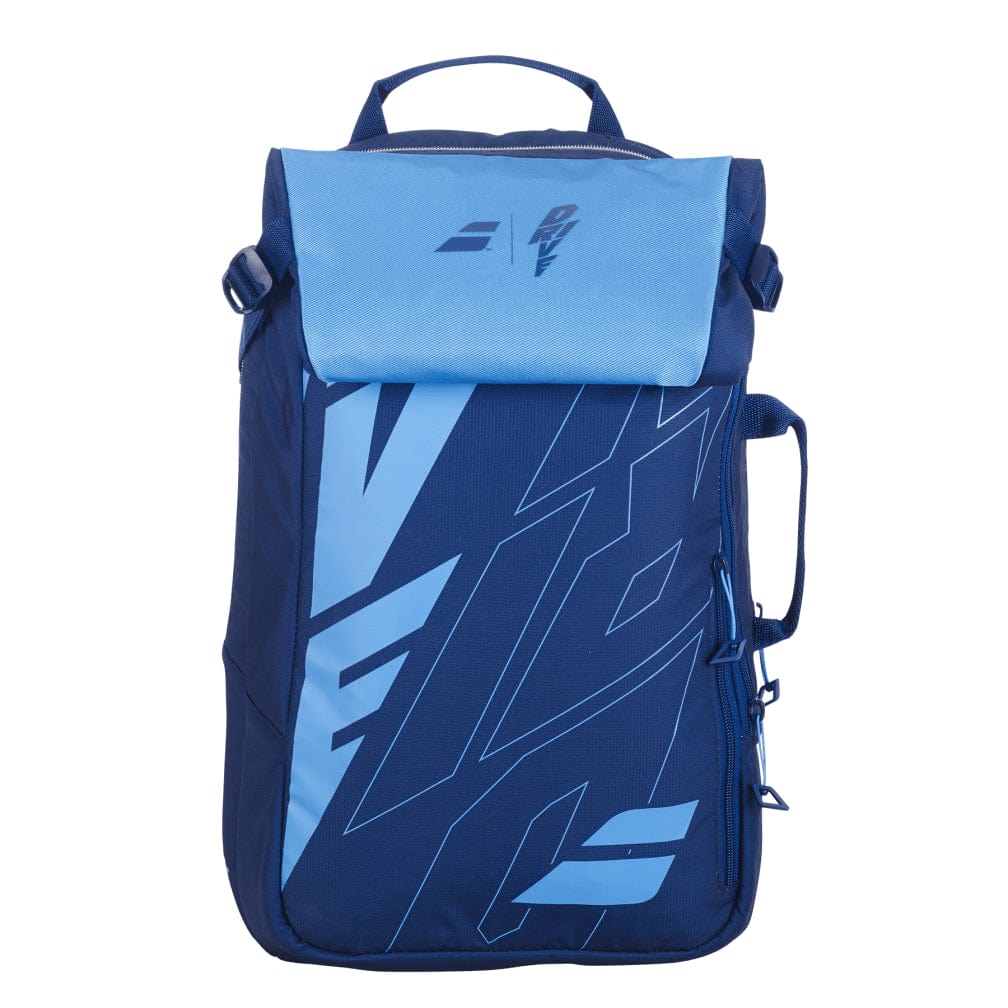 A fashionable Babolat Pure Drive Backpack - Blue from Babolat, showcasing a top flap closure and striking geometric patterns in blue and light blue. With diagonal lettering, a petite top handle, and an isothermal insulated compartment, it’s ideal for transporting your badminton essentials.