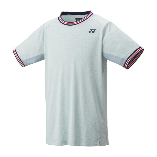 The Yonex 10578 Crew Neck Men's Badminton T-Shirt in Crystal Blue features a short-sleeve design with VeryCool technology for UV reduction, incorporating a subtle swirl pattern, dark gray side panels, and red, white, and black striped accents. A small Yonex logo is positioned on the upper left chest.