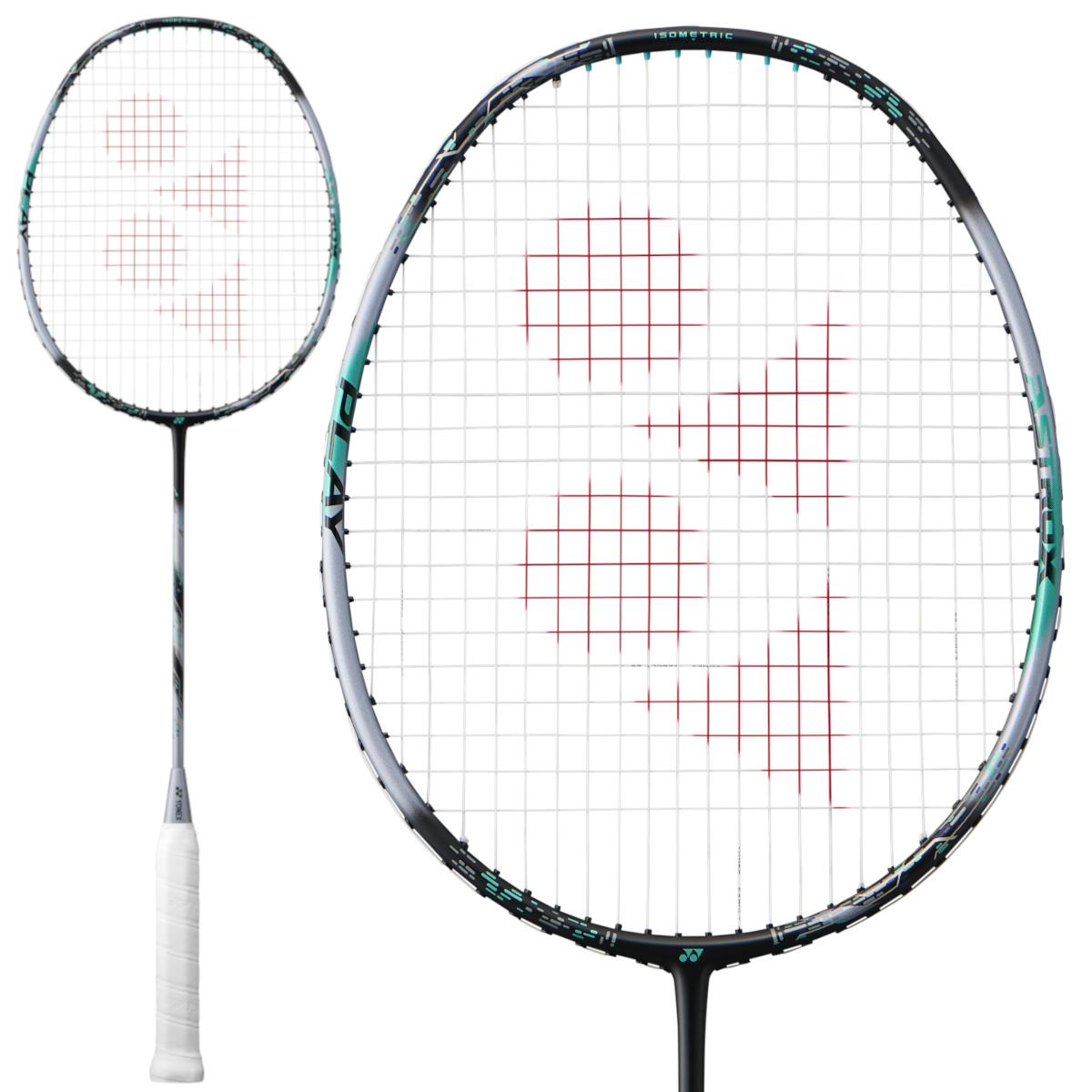 Two Yonex Astrox 88 Play 4U Gen 3 2024 badminton rackets in black and silver are displayed against a white background. The larger image features the head of the racket, showcasing a striking geometric red logo on the strings with an ISOMETRIC design. The smaller image highlights the handle wrapped in white grip tape.