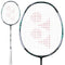 Two Yonex Astrox 88 Play 4U Gen 3 2024 badminton rackets in black and silver are displayed against a white background. The larger image features the head of the racket, showcasing a striking geometric red logo on the strings with an ISOMETRIC design. The smaller image highlights the handle wrapped in white grip tape.