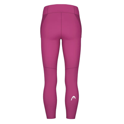 The HEAD Vision Women's Tech Badminton Tights Leggings in Vivid Pink showcase a back view with a stretchy blend of polyester and elastane, highlighted by a high waistband, seam design, and a subtle logo on the lower right leg.