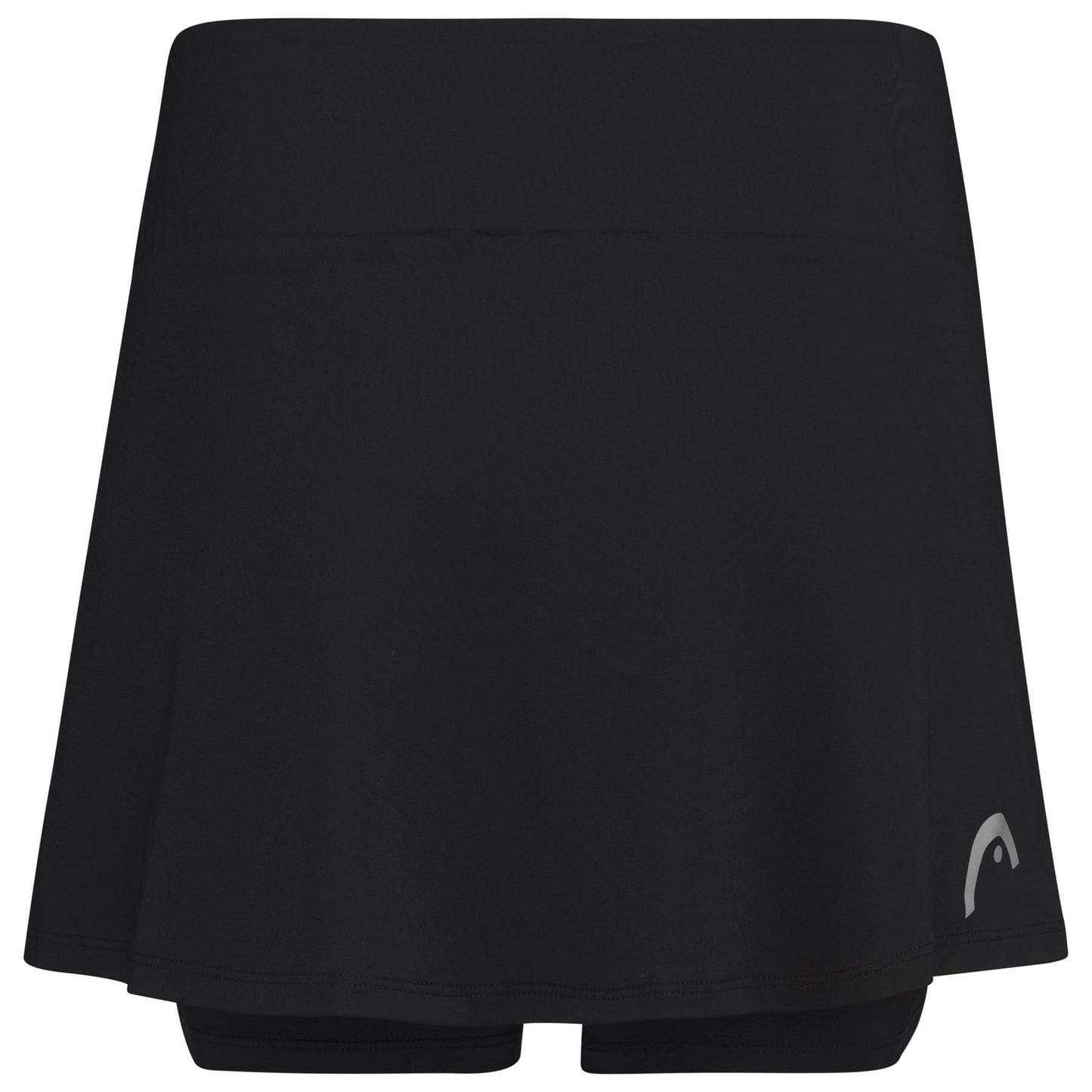 HEAD Women's Club Basic Badminton Skort in black, featuring a flared skirt and built-in shorts. Enhanced with MXM Technology for superior moisture management, it includes a small logo on the lower right side.