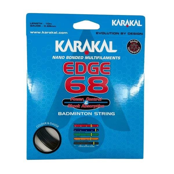 The image showcases a black Karakal Edge 68 badminton string package, highlighting features such as superior patch control and advanced Nano Technology for excellent shock absorption. It also includes color and gauge details, along with a view of the string inside.