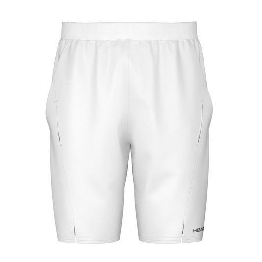 The HEAD Performance Men's Badminton Shorts in white offer a perfect combination of style and functionality, showcasing 4-way stretch fabric with an elastic waistband, side pockets, and the brand name HEAD prominently displayed near the hem.