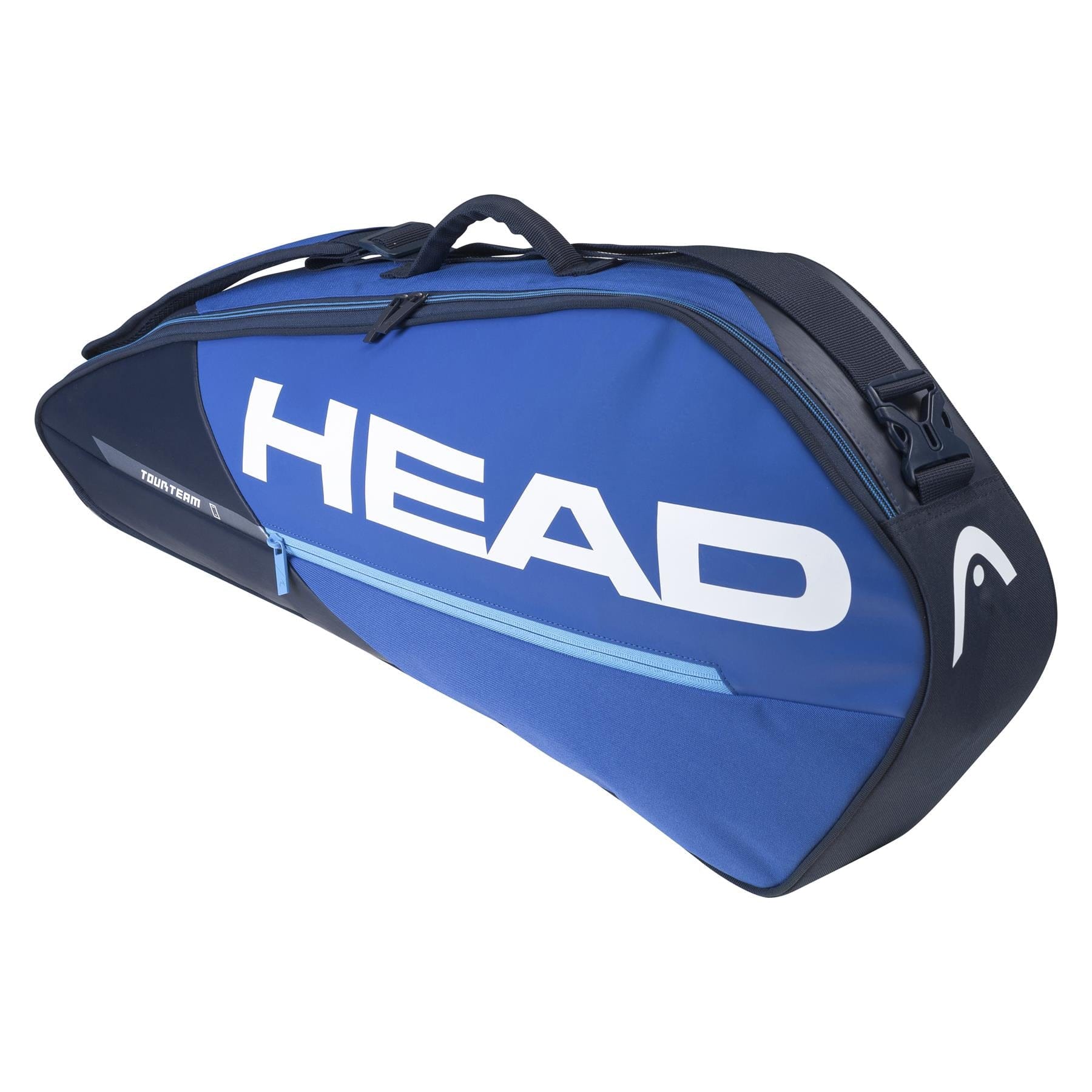 The HEAD Tour Team 3R Racket Bag – Blue/Navy is a chic and compact tennis bag featuring "HEAD" in white letters. It comes with a convenient top handle, an adjustable shoulder strap, and a zippered compartment to store your gear.