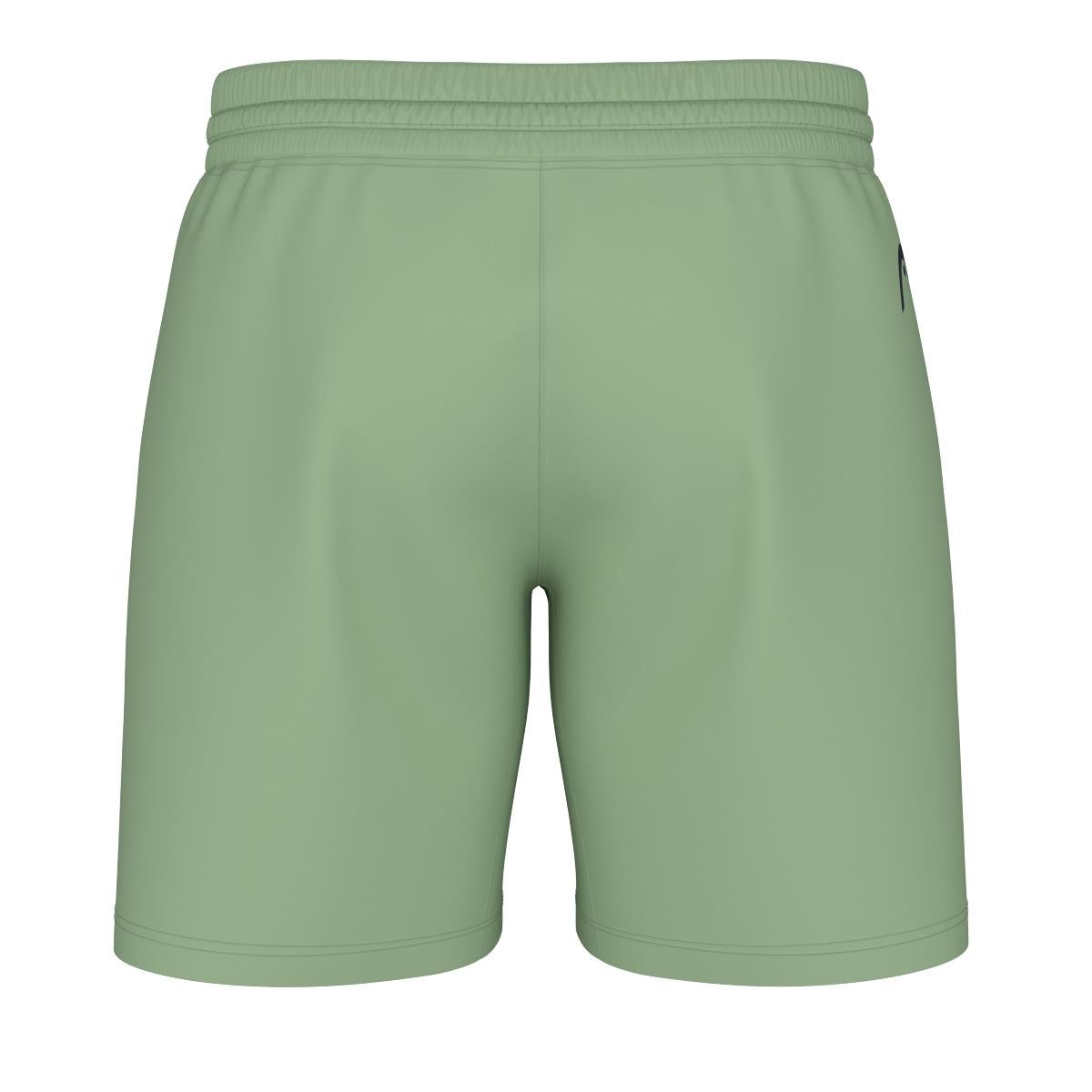 A pair of HEAD Performance Men's Play Badminton Shorts in Celery Green, featuring an elastic waistband for ultimate comfort. The smooth fabric provides 4-way stretch and utilizes Moisture Transfer Microfibre technology, making it ideal for active pursuits.