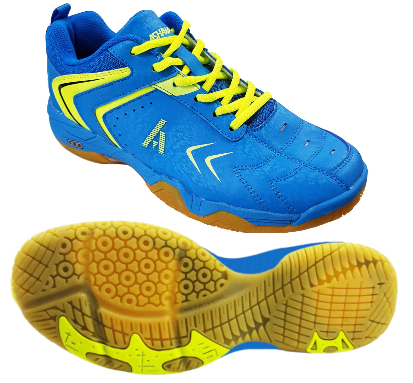 The Ashaway Neo X-Glide Indoor Court Badminton Shoes in Blue and Optic Yellow sport a vibrant blue hue with neon yellow laces and accents. They feature a patterned yellow sole that stands out, complemented by a durable PVC upper for extended wear, with the outsole displayed separately to showcase its grip and intricate design details.