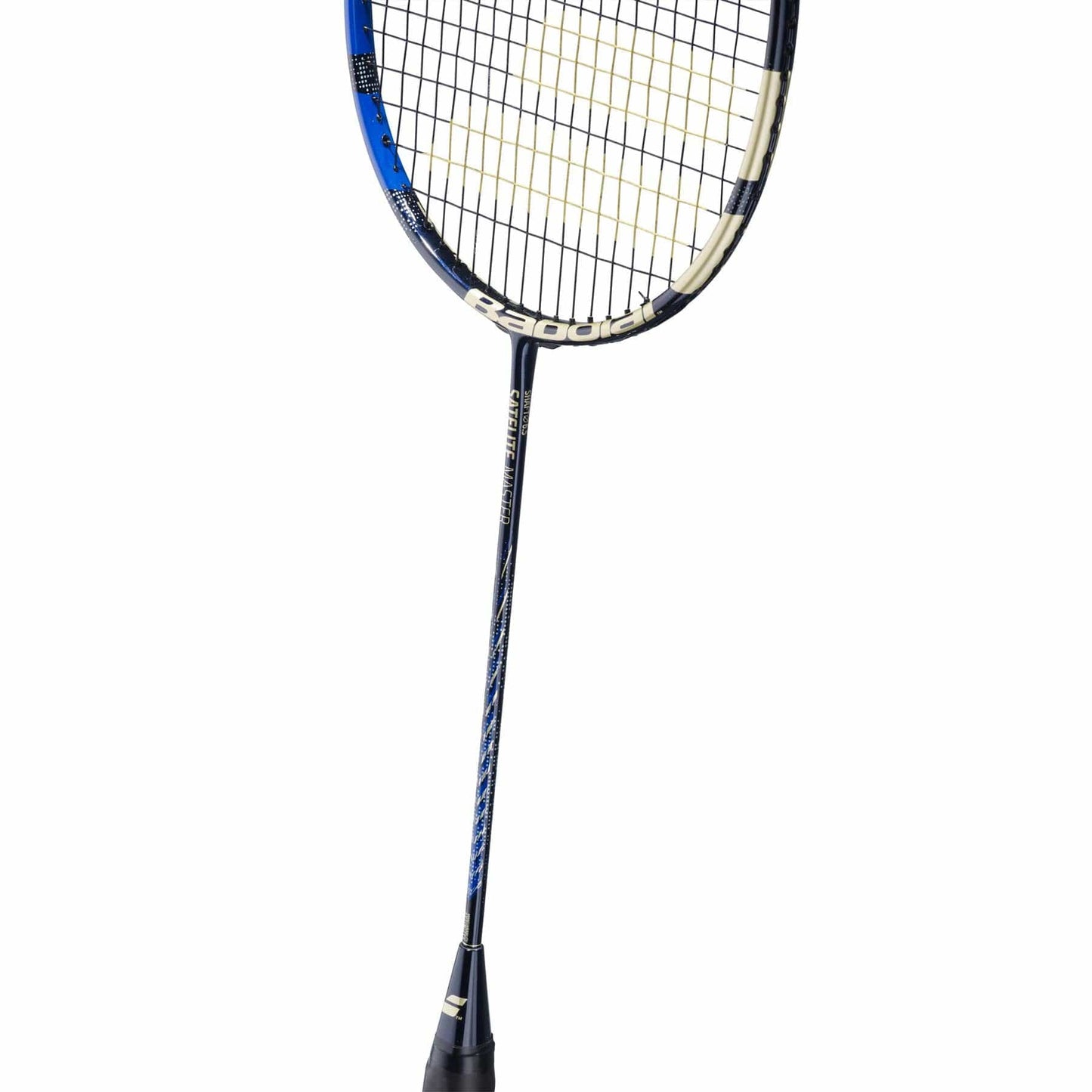 The Babolat Satelite Master Badminton Racket - Navy Blue from Babolat showcases a navy blue and white frame with black strings and a matching grip. Designed with silver accents on the shaft for maximum aerodynamics, it presents a sophisticated appearance against a simple white backdrop.