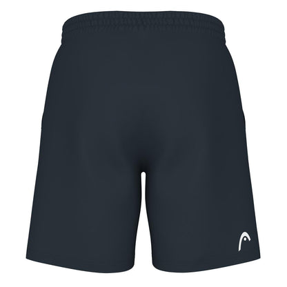 The HEAD Vision Power Men's Badminton Shorts in navy are showcased from the back, featuring an elastic waistband and a small logo on the lower edge of one leg. Designed with 4-way stretch for maximum flexibility, they also incorporate moisture transfer technology to ensure comfort during workouts.