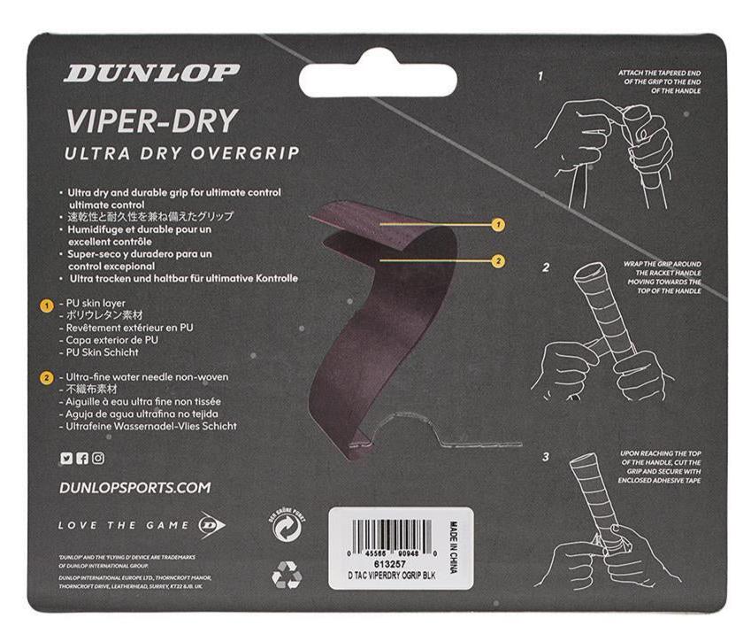 The packaging for the Dunlop Viper-Dry Badminton Overgrip - 3 Pack - Black features illustrated instructions for wrapping the overgrip onto a handle. Known for its perspiration absorption and extreme durability, the package displays features in multiple languages alongside Dunlop branding details.