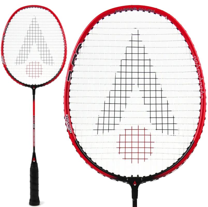 The Karakal CB-2 2.1 Junior Badminton Racket, available in black and red from the renowned brand Karakal, boasts an aluminium head with white strings arranged in a striking geometric pattern. The main image highlights the isometric head, complemented by a smaller side view that showcases the handle and shaft.