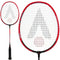 The Karakal CB-2 2.1 Junior Badminton Racket, available in black and red from the renowned brand Karakal, boasts an aluminium head with white strings arranged in a striking geometric pattern. The main image highlights the isometric head, complemented by a smaller side view that showcases the handle and shaft.