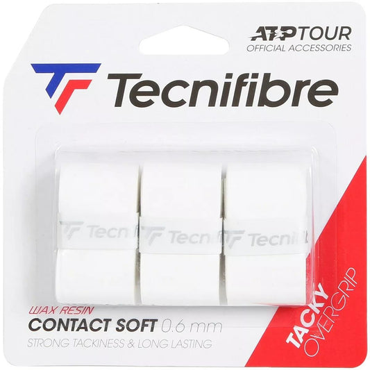 A package of Tecnifibre Contact Soft Badminton Overgrip contains three white grips, officially recognized as ATP Tour accessories. The packaging showcases blue and red branding with the label "CONTACT SOFT 0.6 mm," emphasizing strong tackiness, efficient sweat absorption, and durability for extended use.