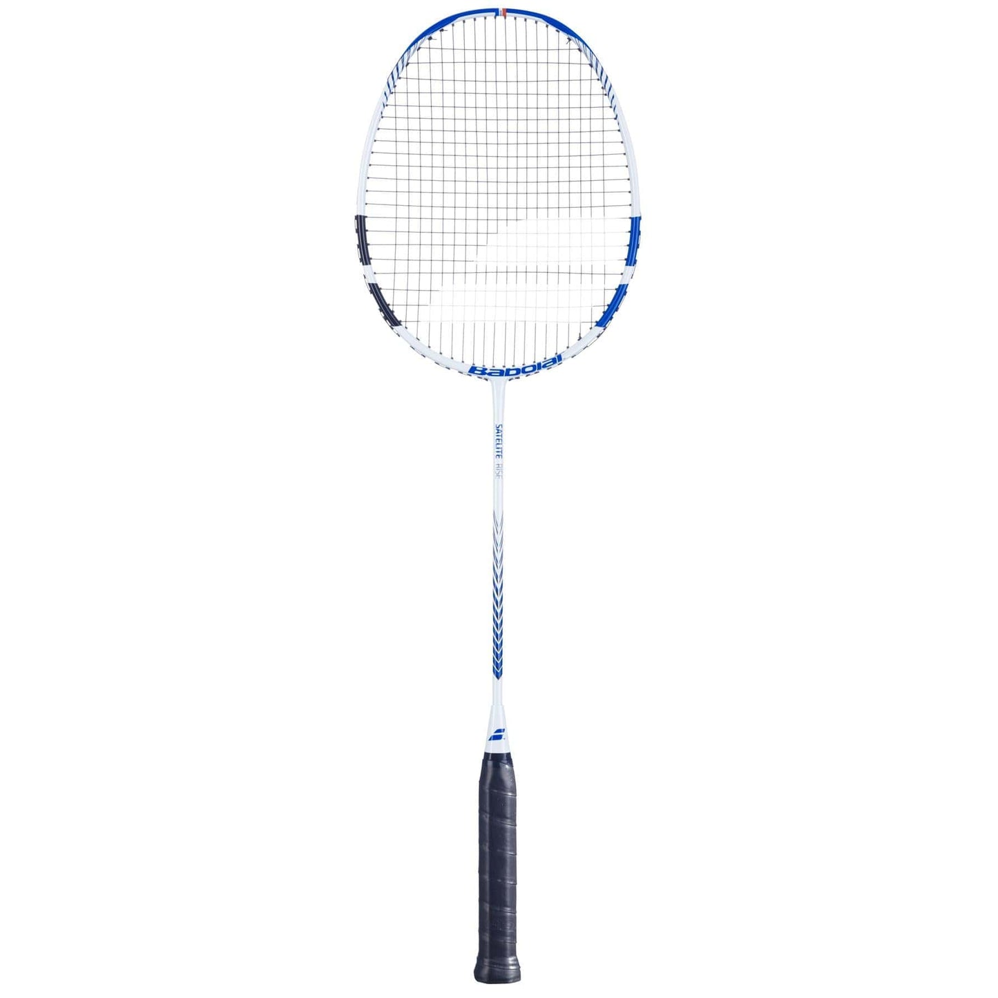 Introducing the Babolat Satelite Rise Badminton Racket, showcasing a blue and white frame with a black handle grip and a mesh string pattern. This racket features the advanced Babolat Satelite Rise technology, offering a sleek minimalistic design with a head light balance for improved playability.