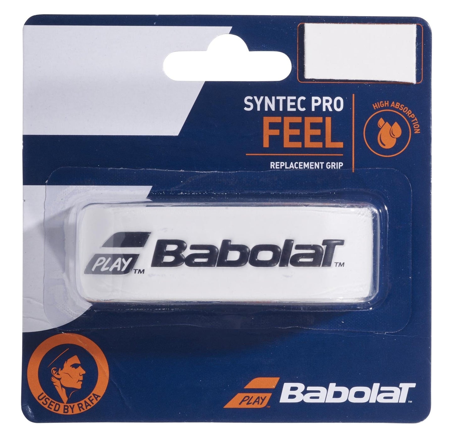 The packaging for the Babolat Syntec Pro X1 Replacement Badminton Grip in white highlights the "Used by Rafa" text and logo. This grip, perfect for badminton enthusiasts, is designed for high absorption to enhance performance.