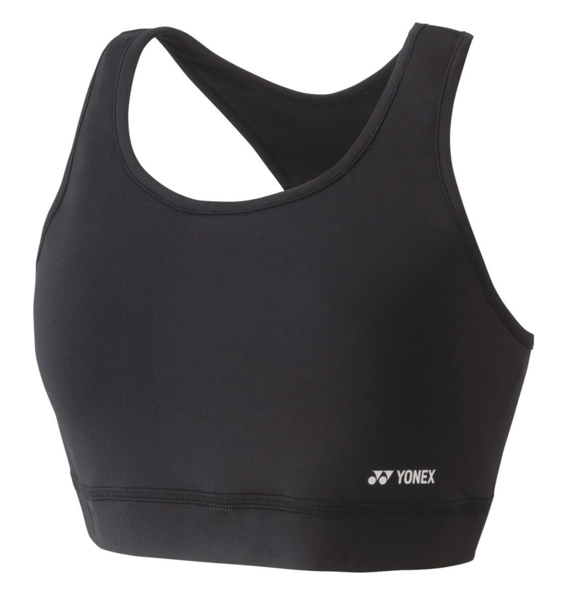 The Yonex 46045 Women's Badminton Sports Bra in black highlights a racerback style and features a subtle logo on the front, utilizing VERYCOOL technology and UV Reduction for enhanced comfort and protection.