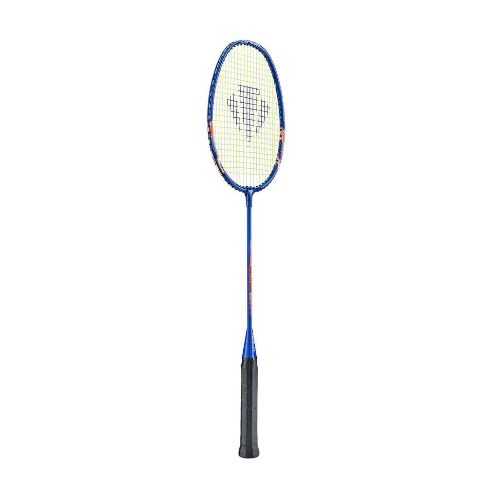 The Carlton Solar 800 Badminton Racket, perfect for novice players, features a blue frame accented with black strings and includes a central logo. Its sleek black handle complements the design, and the enlarged sweet spot enhances playability. Displayed against a white background, the racket is shown in a vertical position.