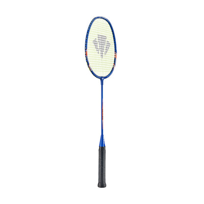 The Carlton Solar 800 Badminton Racket, perfect for novice players, features a blue frame accented with black strings and includes a central logo. Its sleek black handle complements the design, and the enlarged sweet spot enhances playability. Displayed against a white background, the racket is shown in a vertical position.