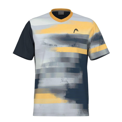 The HEAD Vision Topspin Men's Badminton T-Shirt - NVXV is a stylish piece of sportswear, showcasing horizontal blurred stripes in shades of gray, yellow, and black. Crafted from moisture transfer microfiber, it also features a subtle logo on the upper left side.